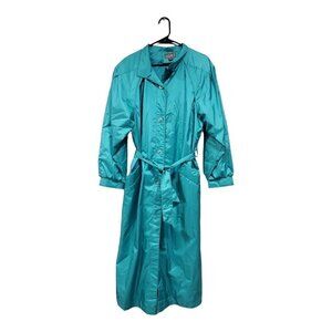 Vintage Paris Sports Club Women's Teal Blue Long Trench Coat Shoulder Pa…